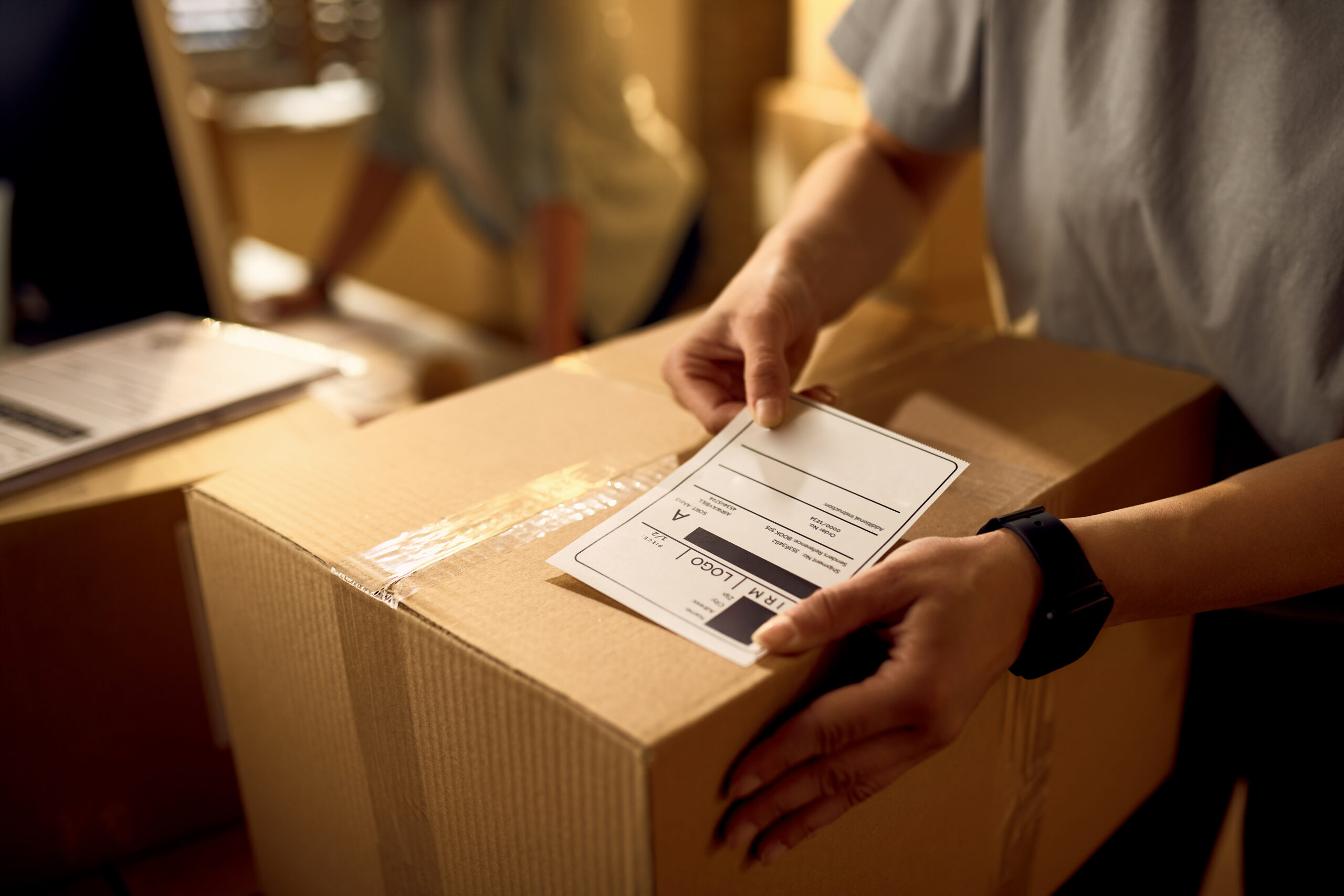 close up of deliverer attaching data label on cardboard box in t